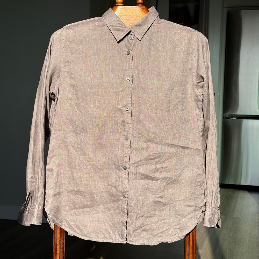 Uniqlo 100% Linen Button Up Shirt Women’s L Gray Long Sleeve Relaxed Minimalist